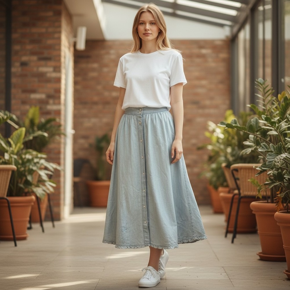 Lauren Ralph Lauren VTGE Maxi Skirt SZ 4P Button Front Chambray Ruffle cotton
